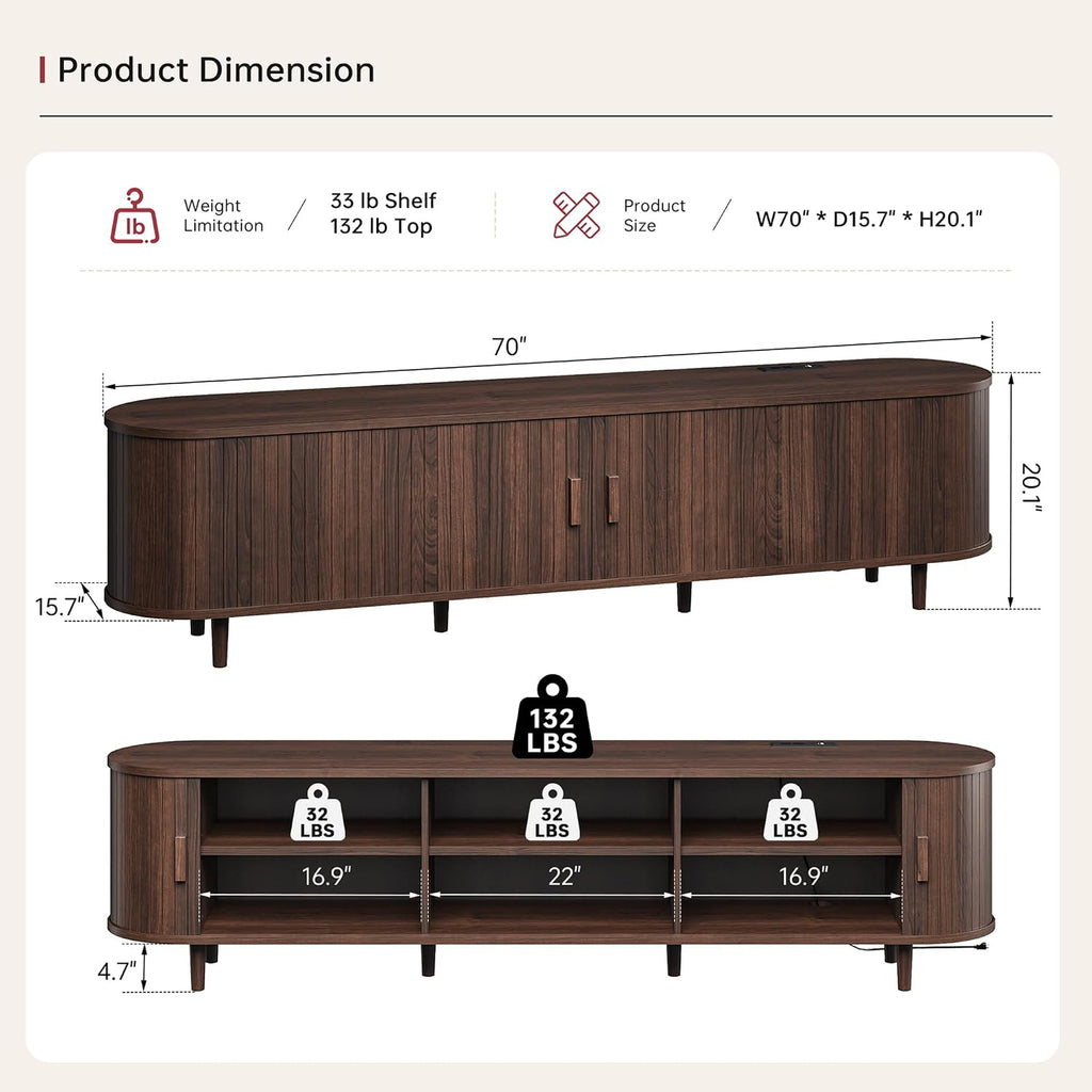 MXV 70' Mid-Century Modern TV Consoles with Sliding Doors, TV Stand with Power Outlet, Fluted Entertainment Center with Adjustable Shelves, for Living Room