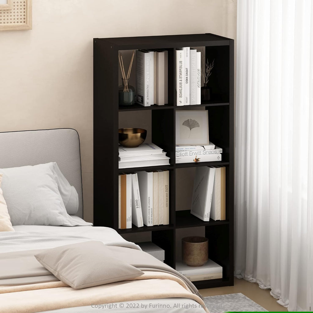 Furinno CUBICLE Book Shelf, 8-Cube Bookshelf, Extra Thick Frame Horizontally & Vertically Reversible Bookcase with Open Back, 14.6' x 30' x 58', for Living Room, Bedroom, Home Office, Black Dark Oak