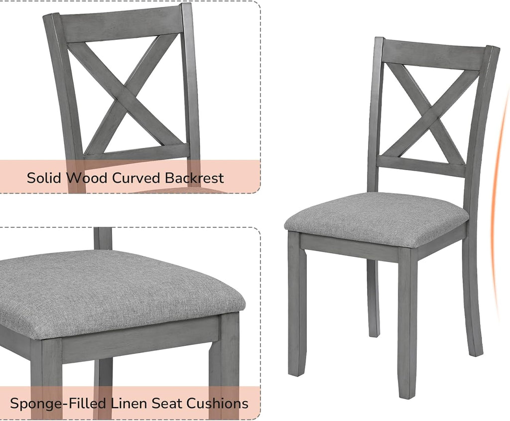 Zevemomo 7-Piece Solid Wood Dining Table Set with 6 Upholstered Chairs, Space Saving Dinner Table & Chairs Set, Farmhouse Wooden Legs Dining Table Set for Living Room, Kitchen, Grey