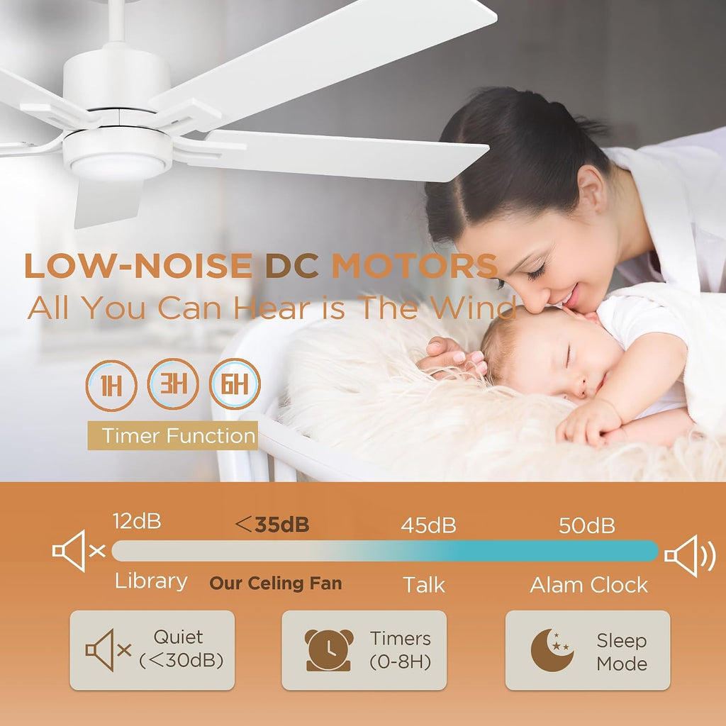 Ceiling Fan with Light Remote: 52 inch Modern Bedroom Fans with Dimmable Tri-Color Temperatures LED - Quiet Reversible DC Motor - Indoor Home Use (Matte White-5, 52 Inch)