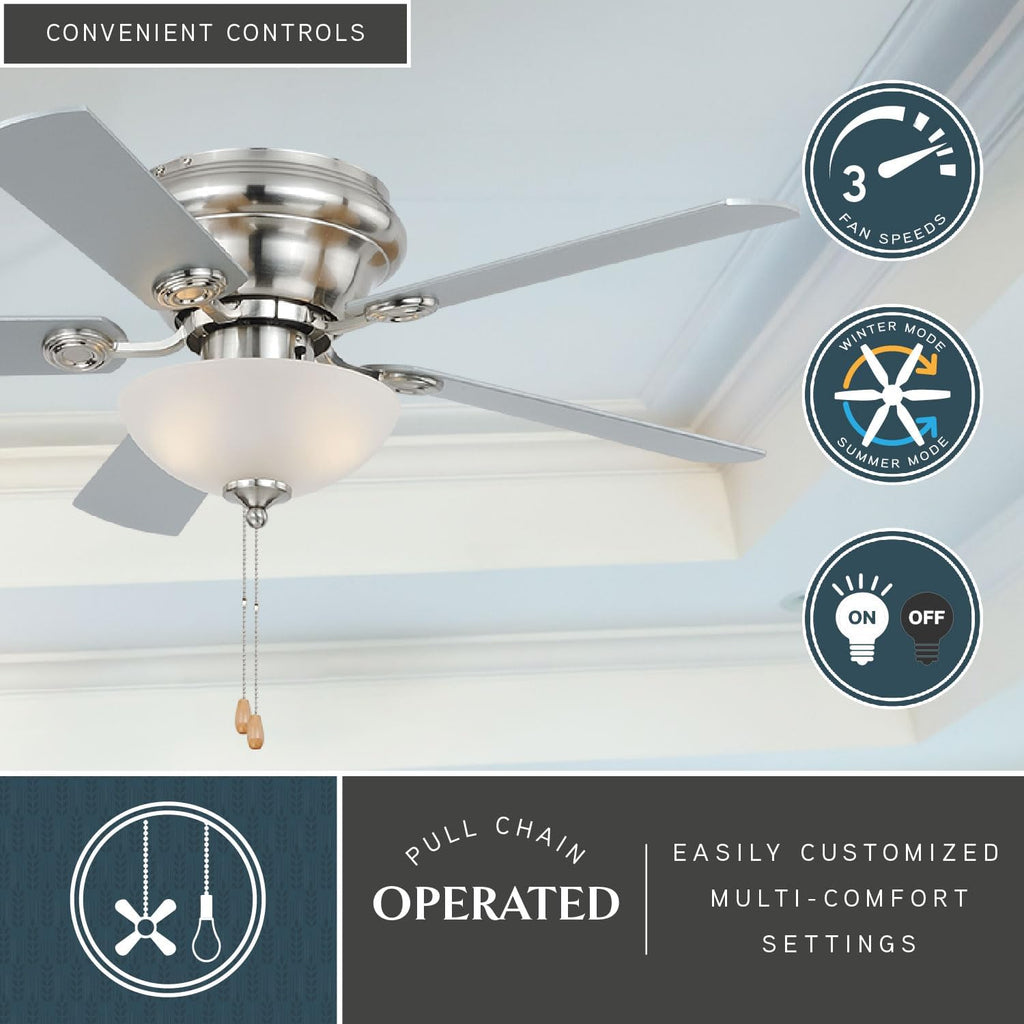 VAXCEL Expo 42 in. Satin Nickel Indoor Low Profile Flush Mount Transitional Ceiling Fan with Reversible Maple-Silver Blades, LED Light Kit and Pull Chain Included, 3 Speeds, White Frosted Glass Shade
