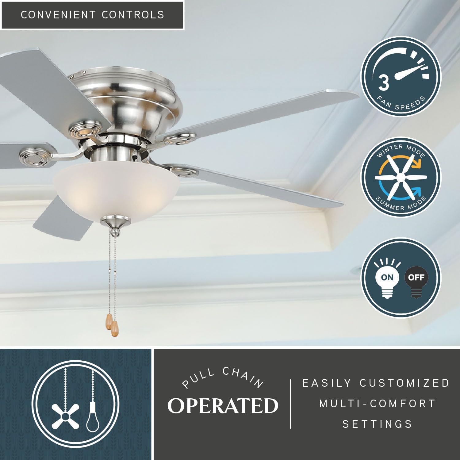 VAXCEL Expo 42 in. Satin Nickel Indoor Low Profile Flush Mount Transitional Ceiling Fan with Reversible Maple-Silver Blades, LED Light Kit and Pull Chain Included, 3 Speeds, White Frosted Glass Shade