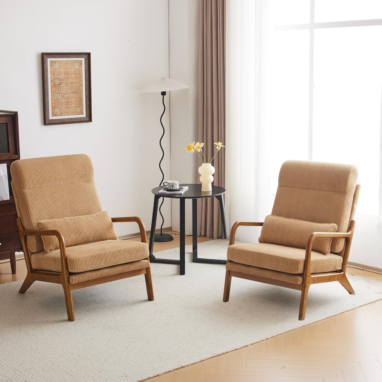 Karl home Mid-Century Modern Accent Chair, Living Room Chairs with Pillow High Back Corduroy Upholstered Lounge Armchair with Solid Wood Frame & Soft Cushion for Bedroom, Reading Room, Khaki