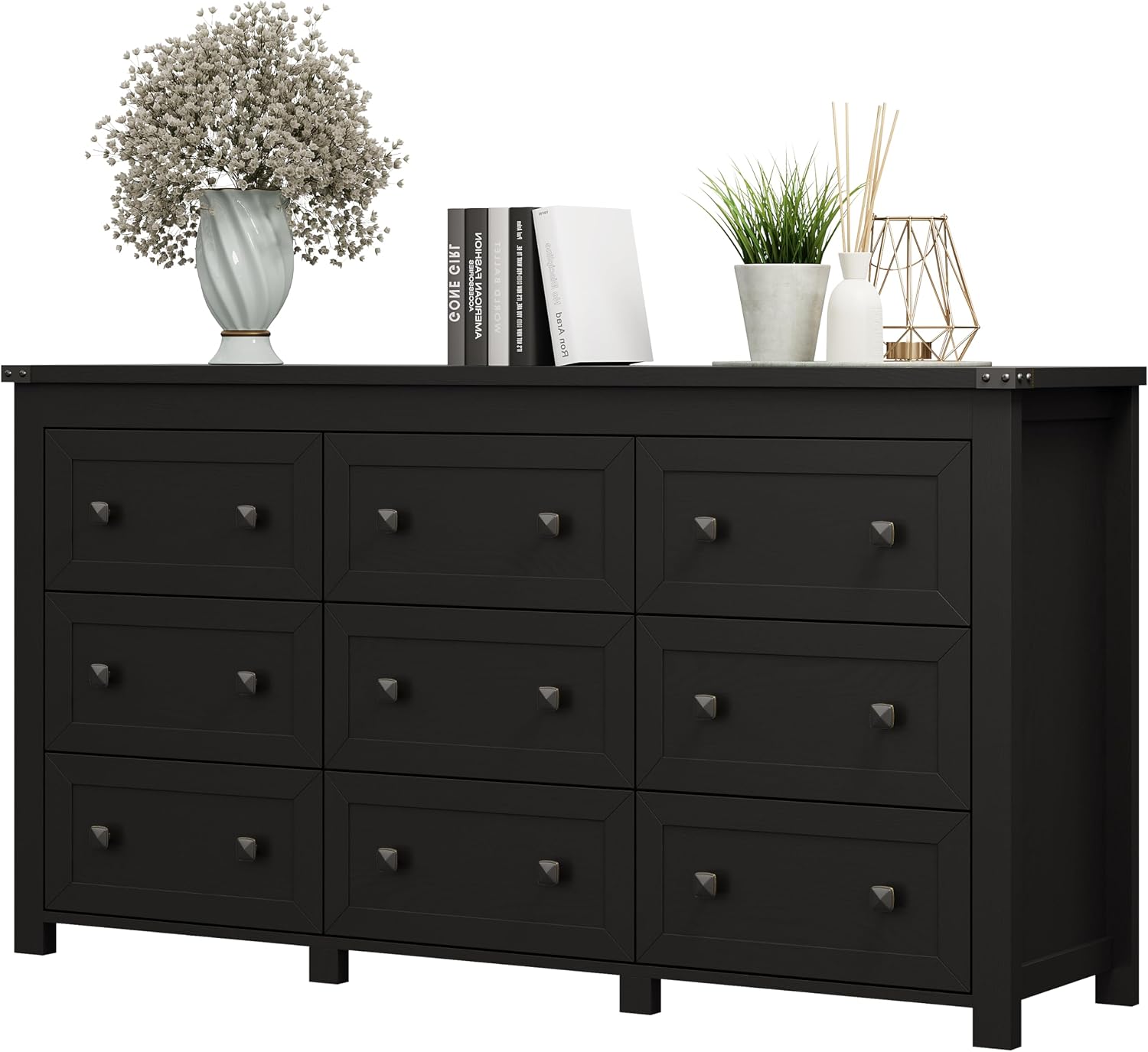 Dresser for Bedroom with 9 Drawers, Farmhouse Wood Chest of Drawers, Wide TV Stand Closet Storage Furniture with Metal Handle, Modern Clothes Organizer for Hallway, Living Room, Entryway, Black
