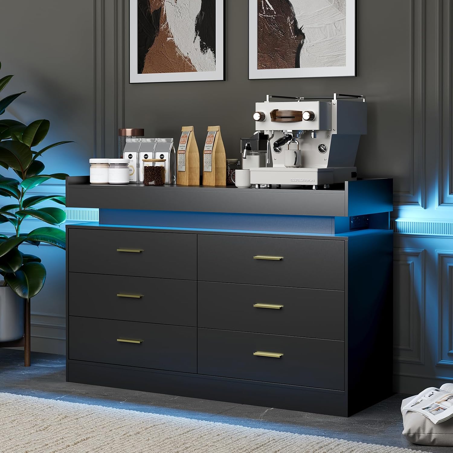 TV Stand Cabinet with LED Lights & Charging Station, Coffee Bar Cabinet Floating Countertop, Modern Sideboard Buffet 6 Drawers for Home, Living Room, Black