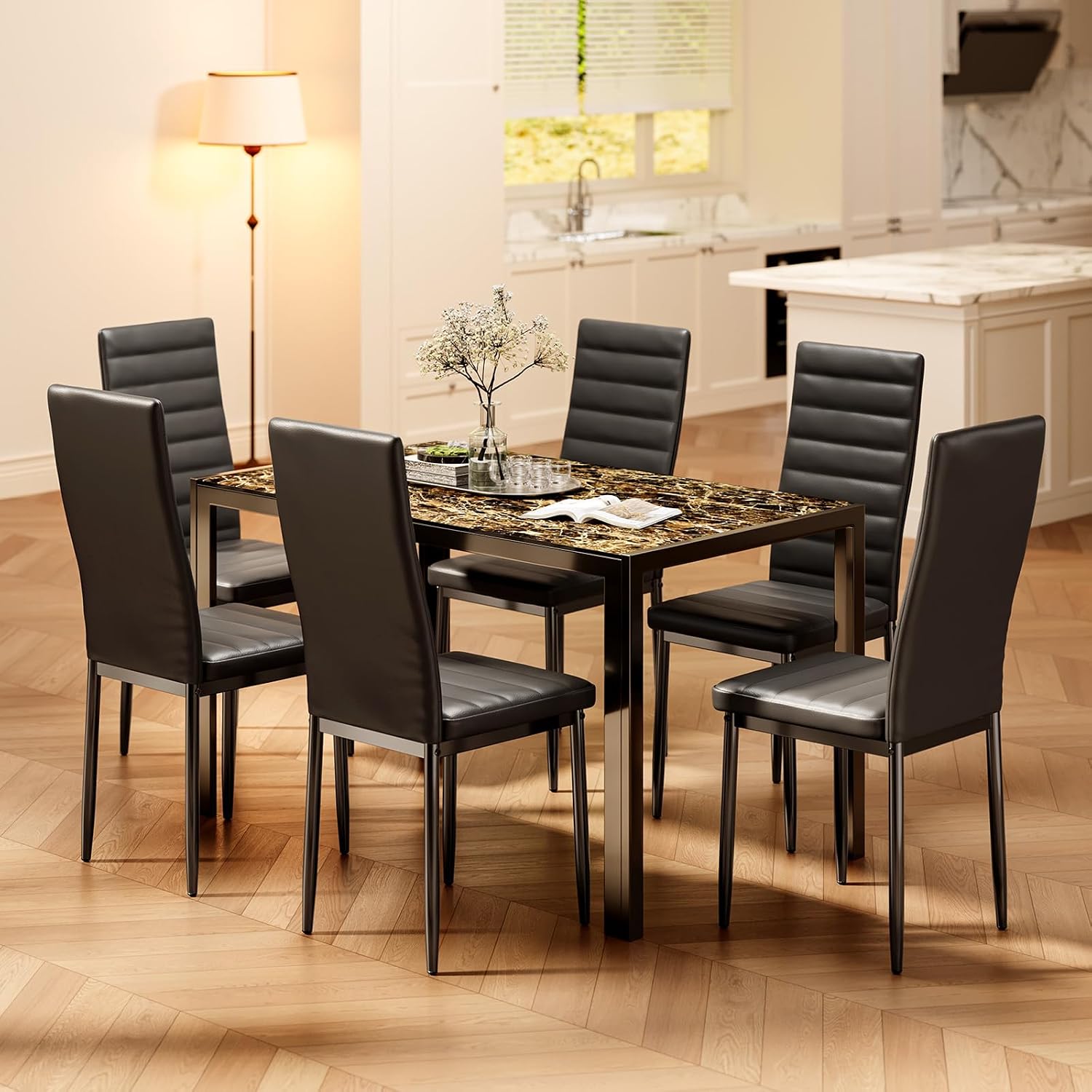 Bealife Kitchen Dining Table Set for 6, Tempered Glass 7 Piece Table and Chairs Set Modern for Home, Kitchen, Living Room, Dining Room, Marble