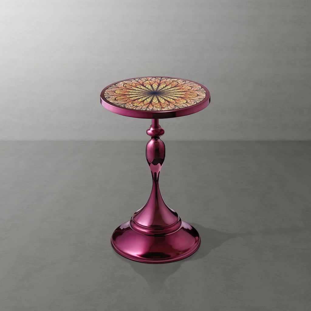 Homes: Inside + Out Halric Modern 24' Tall Round End Table with Decorated Tabletop and Iron Metal Base, Accent Furniture, Elegant Pedestal Stand for Living Room, Home Office, Chrome Purple