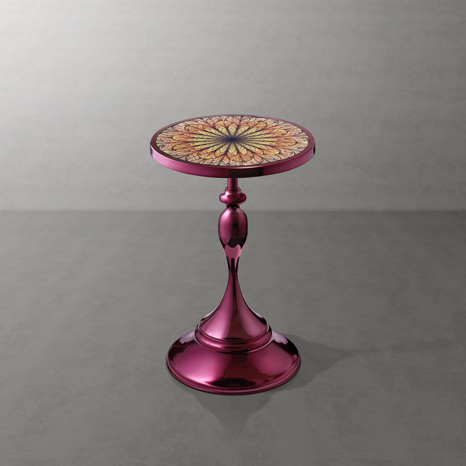 Homes: Inside + Out Halric Modern 24' Tall Round End Table with Decorated Tabletop and Iron Metal Base, Accent Furniture, Elegant Pedestal Stand for Living Room, Home Office, Chrome Purple
