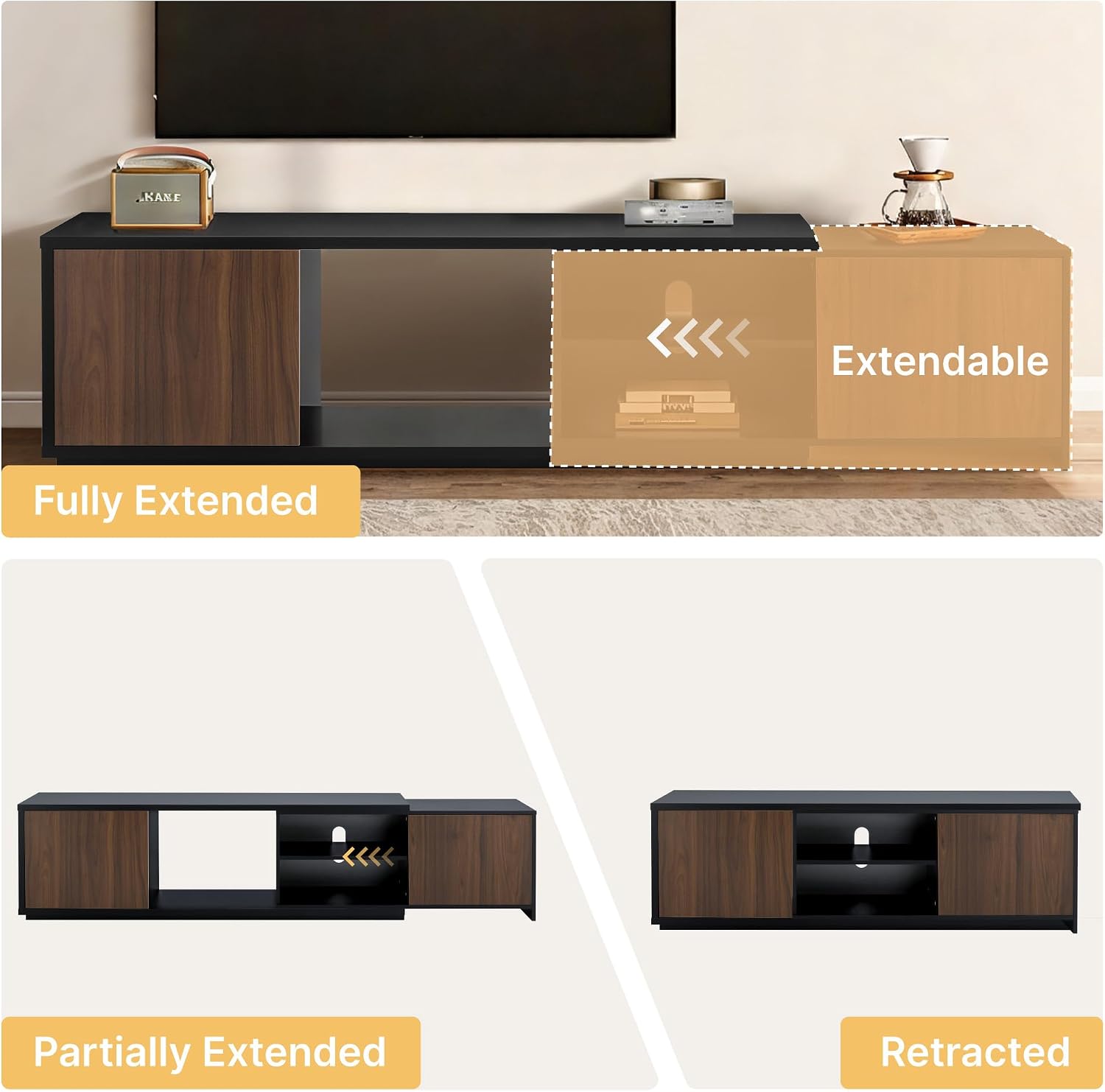 KISLOT Extendable TV Stand for TVs up to 90',Modern Entertainment Center with Adjustable Shelf,Television Stand with 2 Storage Cabinets,Wooden TV Media Console for Living Room Bedroom Black