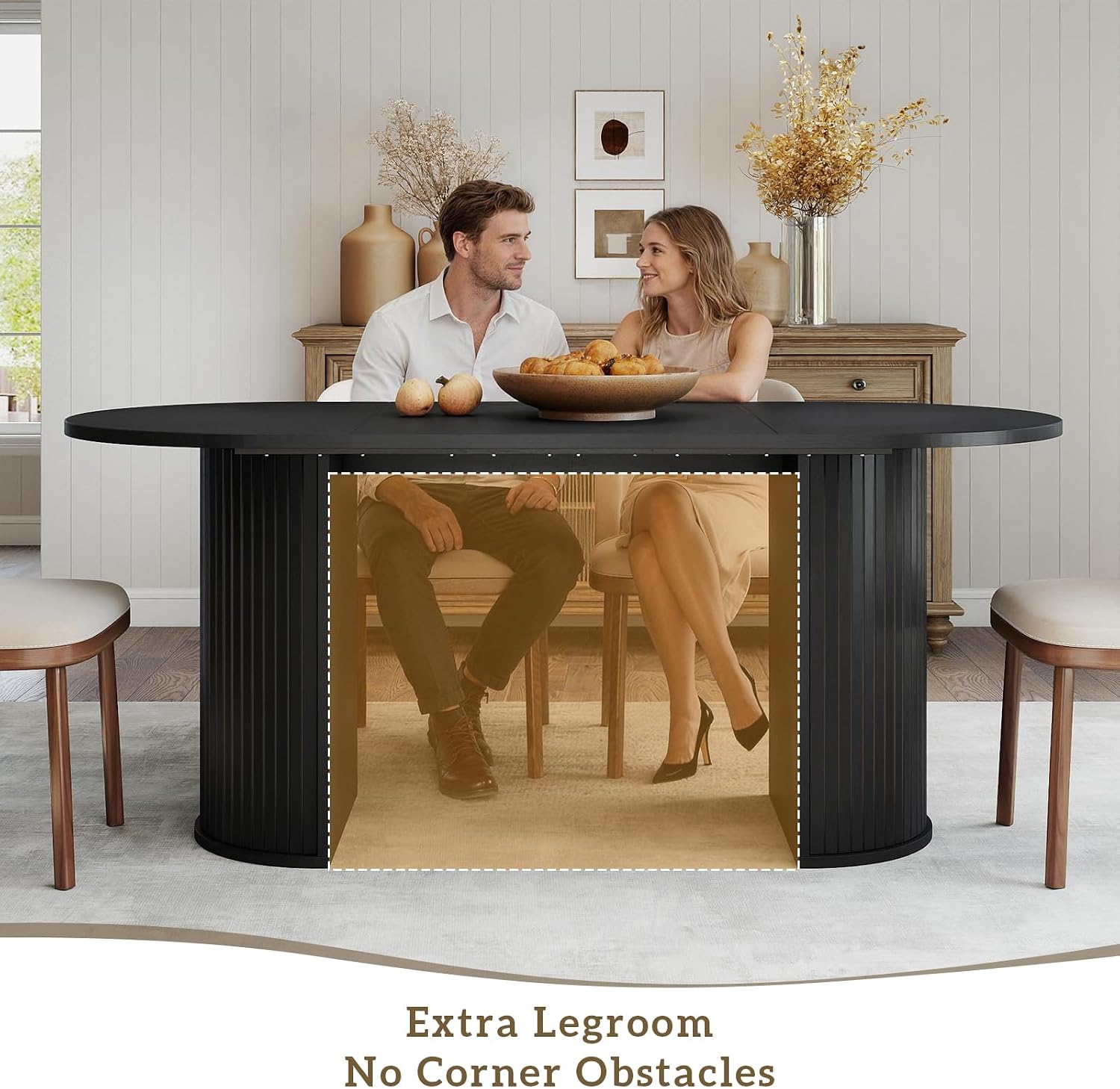 70.8' Oval Dining Table for 4-6 Persons, Fluted Pedestal Base Mid Century Wood Veneer Kitchen Table with Curved Edges for Dining Room, Apartment, Small Spaces, Black