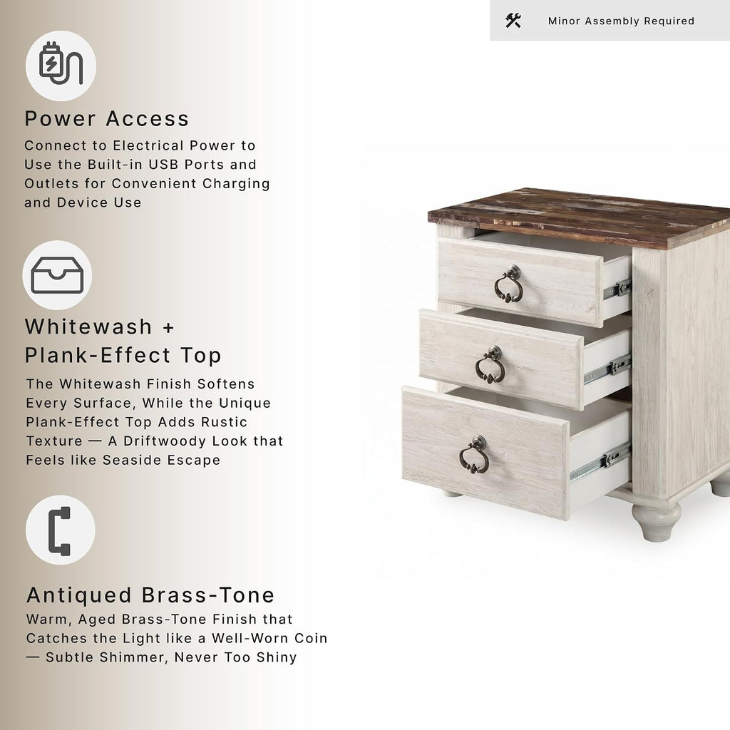 Signature Design by Ashley Willowton Farmhouse 2 Drawer Nightstand with USB Charging Ports, 25.67' Tall, Whitewash
