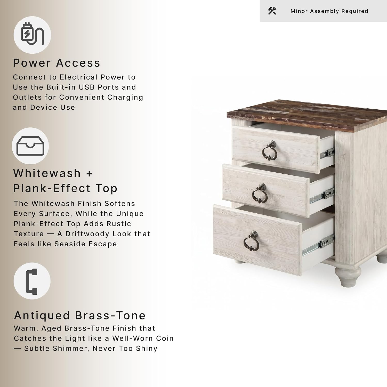 Signature Design by Ashley Willowton Farmhouse 2 Drawer Nightstand with USB Charging Ports, 25.67' Tall, Whitewash