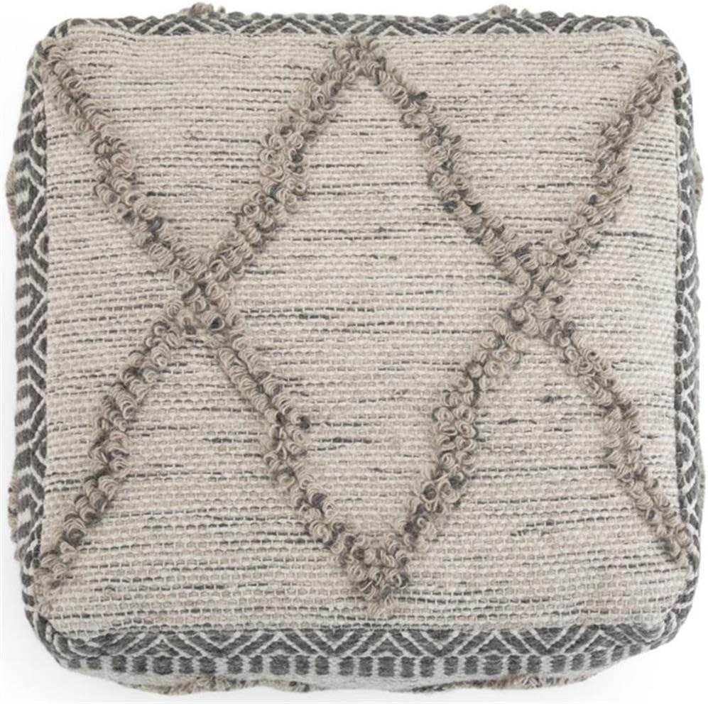 SIMPLIHOME Sweeney Square Pouf - 18 inch Wide Upholstered Wool and Cotton Handloom Woven Ottoman in Grey and Natural, Boho-Style Footstool, Extra Seating or Accent Piece for Living Room, Assembled