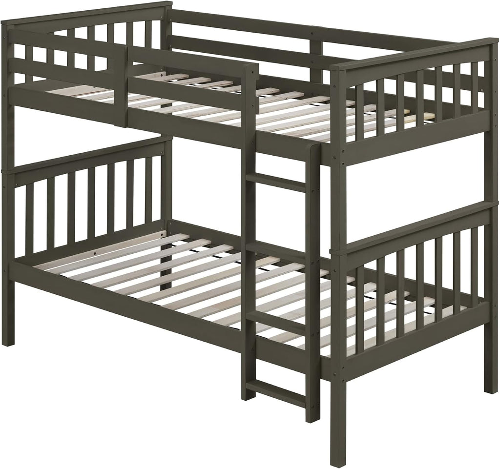 HOME DESIGN Ames Twin Over Twin Solid Wood Standard Bunk Bed with Guardrails and Ladder, Convertible to Two Twin Beds, Gray