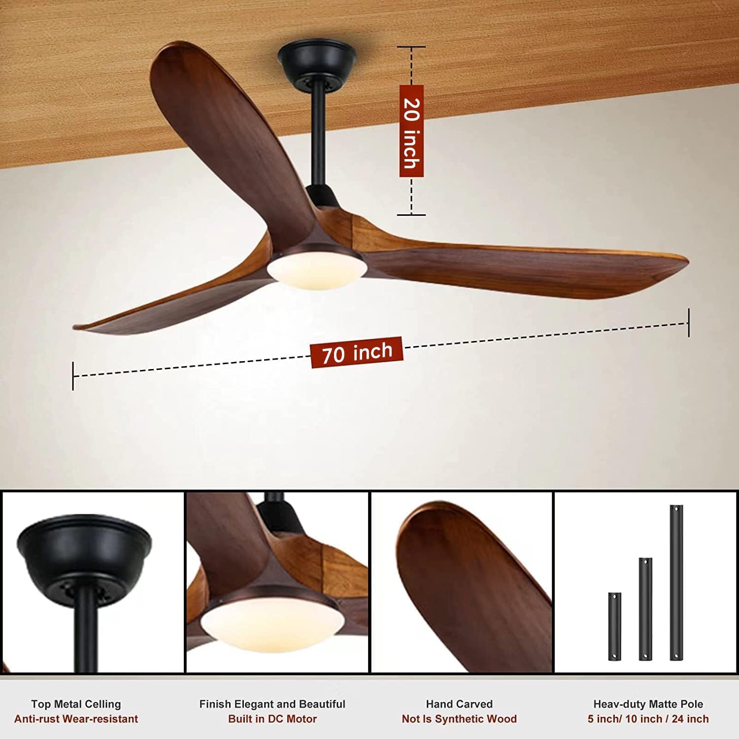 Farmhouse Rustic Ceiling Fans with Lights, Solid Wood 70 inch Large Ceiling Fan, Outdoor Ceiling Fans for Patios with Light, Reversible DC Motor, High CFM Fan for Farmhouse, Exterior Porch
