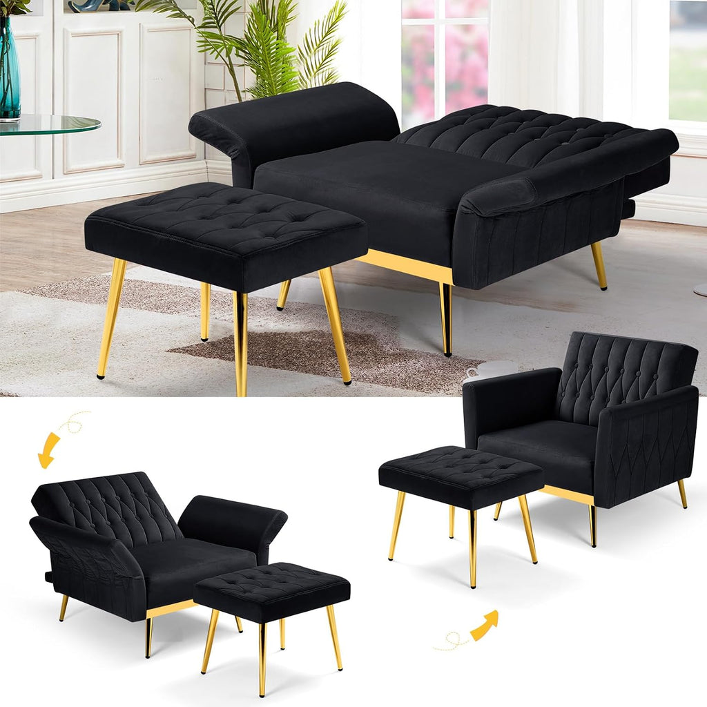 Velvet Accent Chair with Adjustable Armrests and Backrest, Button Tufted Lounge Chair, Single Recliner Armchair with Ottoman and Pillow for Living Room, Bedroom, Black