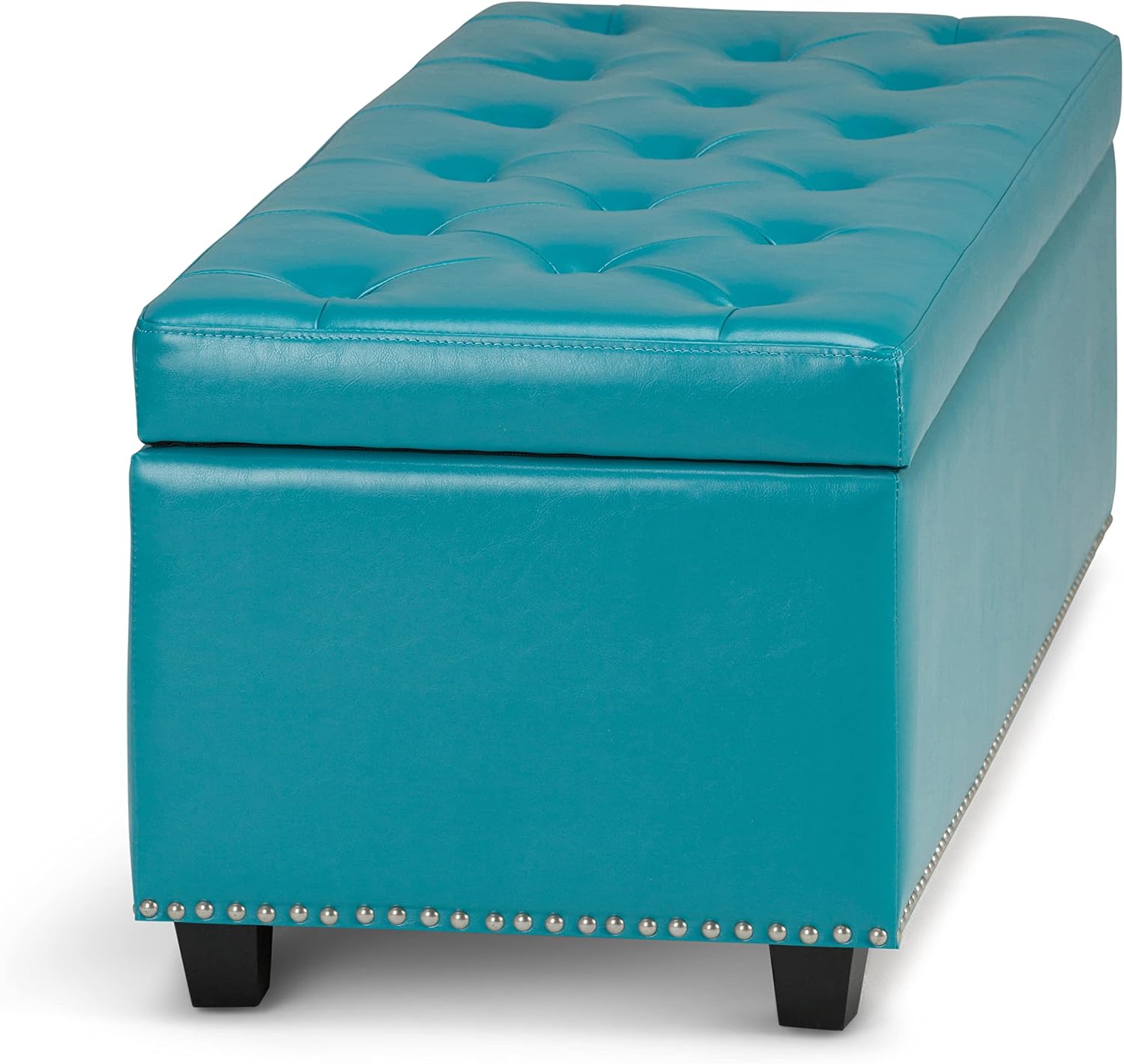 SIMPLIHOME Hamilton Storage Ottoman - 48 inch Wide Upholstered Vegan Leather Rectangle Storage Ottoman Bench in Mediterranean Blue, Traditional Tufted Ottoman for Living Room with Lift-Up Lid