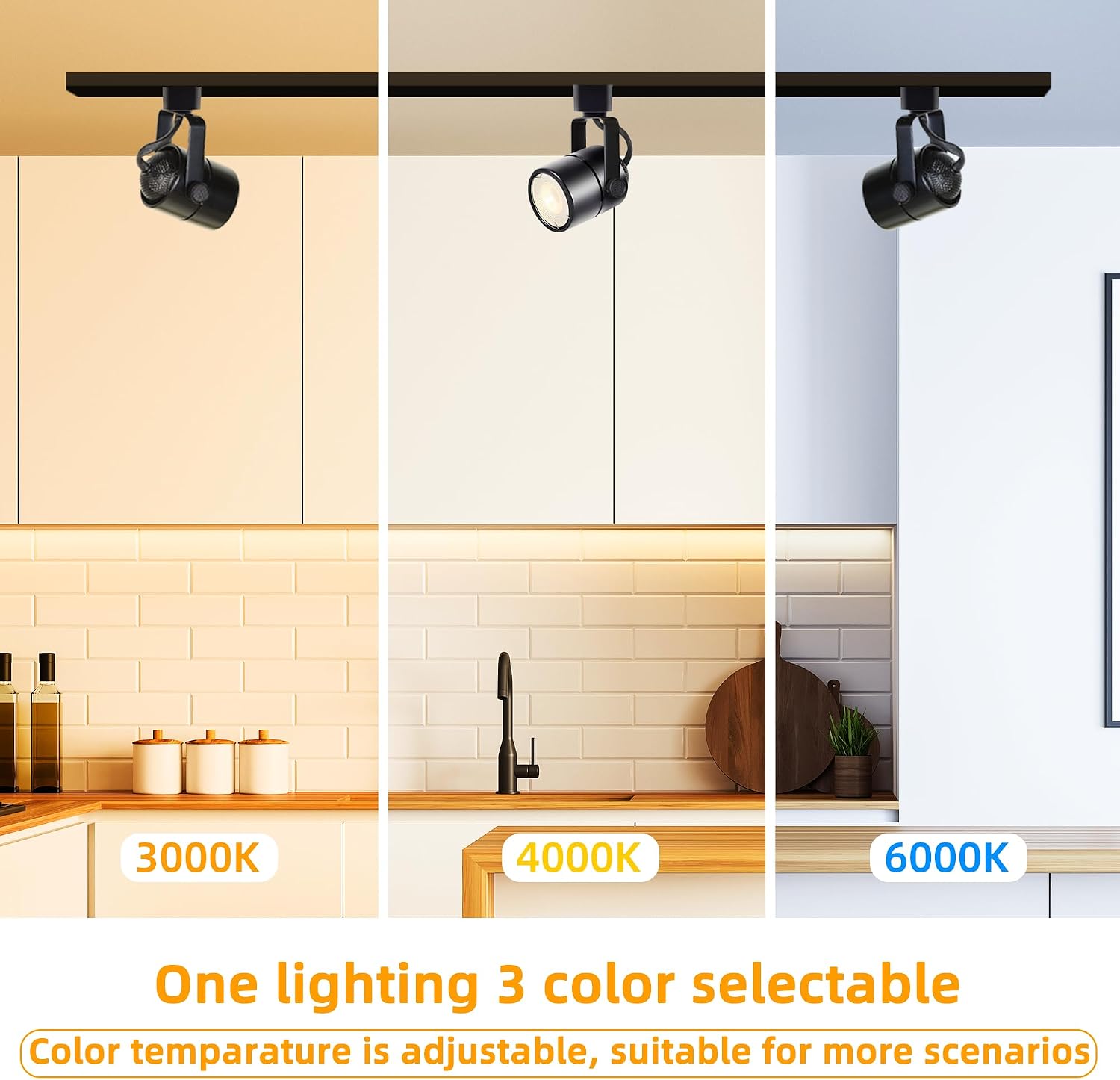 LED White Track Lighting Kit, 3CCT 10W Track Lights 3000K/4000K/6000K Adjustable with 6.56FT H-Type Track Rails 6PCS Ceiling Spotlight Fixture with Replaceable GU10 Bulbs