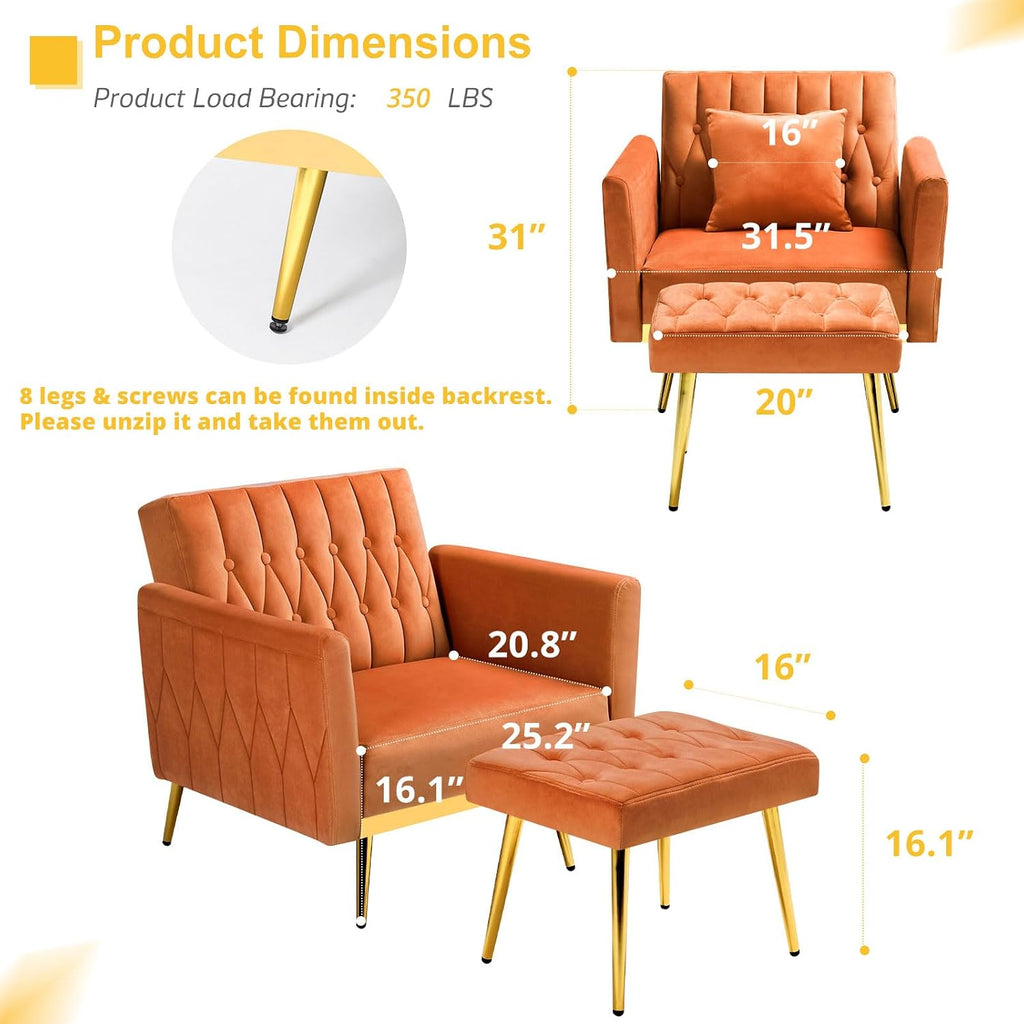 Velvet Accent Chair w/Adjustable Armrests and Backrest, Button Tufted Lounge Chair, Single Recliner Armchair with Ottoman and Pillow for Living Room, Bedroom,Orange