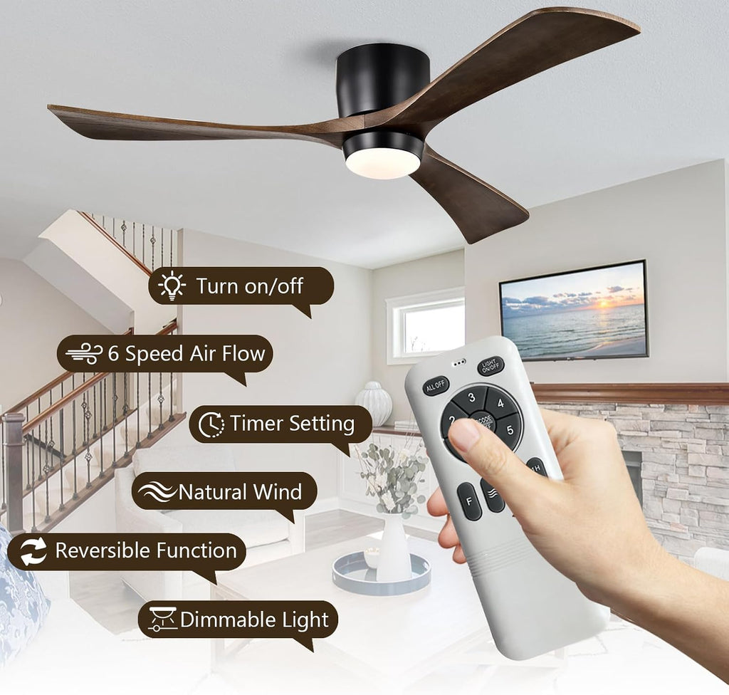 52inches Ceiling Fan with Lights,Wooden Flush Mount Ceiling Fans with Remote Control,Dimmable Light,3 CCT,6 Speeds,Noiseless DC Motor,Ceiling Fan for Bedroom,Living Room,Office,Indoor,Bronze Gray