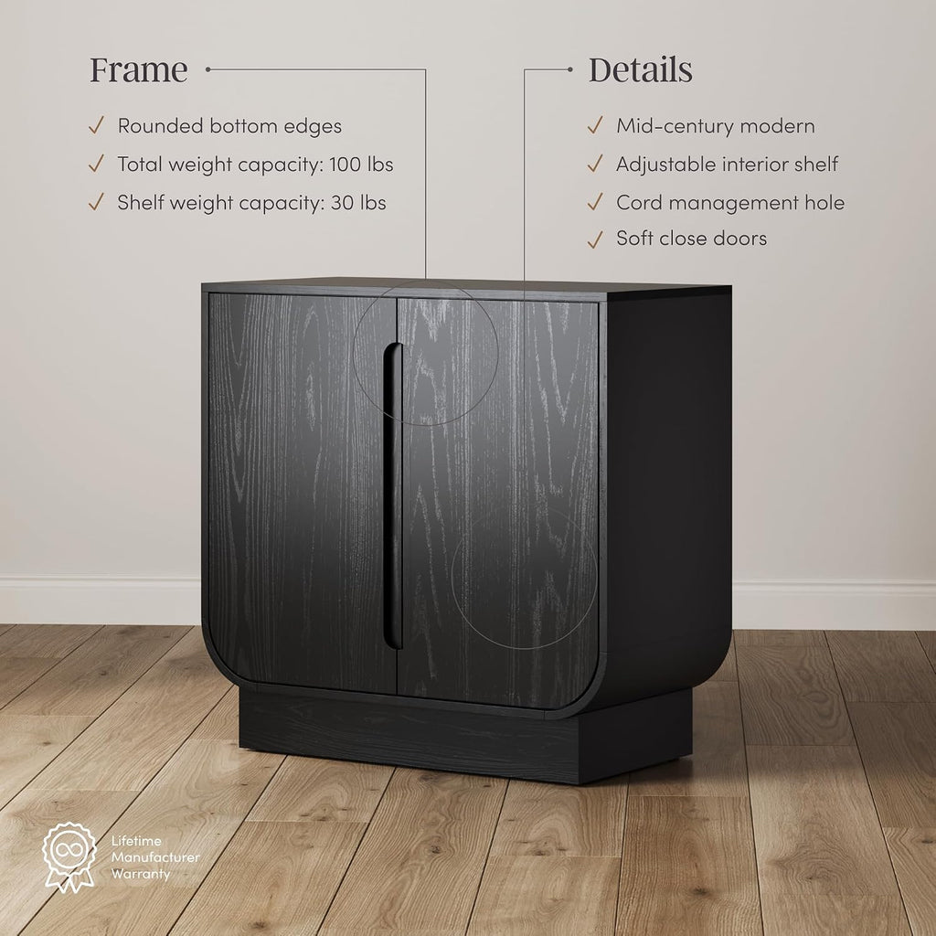 Nathan James Joey Mid Century Modern Storage Cabinet, Arched Accent Cabinet with Rounded Bottom Edges and Integrated Door Pull Cutouts, Black Oak