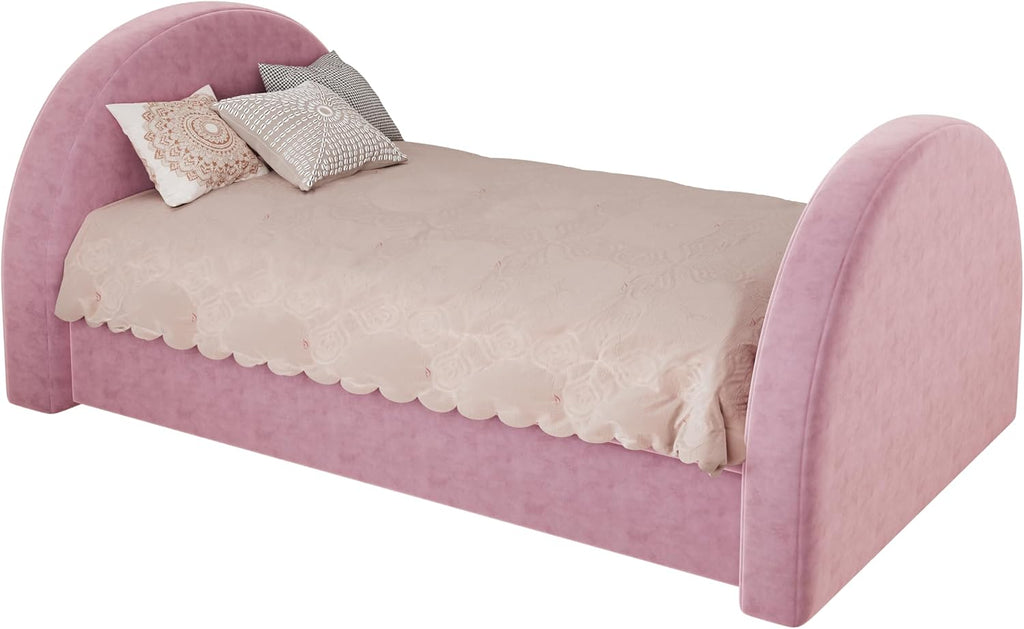 Christopher Knight Home Leonhart Velvet Upholstered Twin Size Bed Frames with Headboard/Footboard, Day Bed Frame Twin with Pull-Out Functionality, Iron Frame + Wooden Slat Trundle Bed Twin, Pink