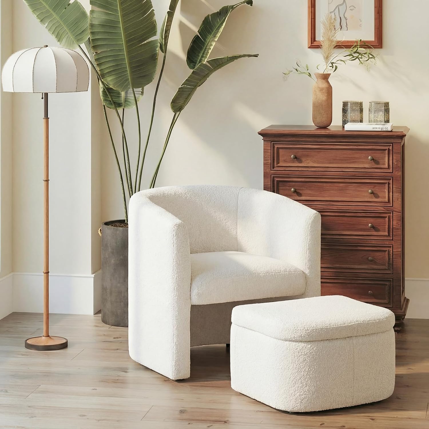 COLAMY Velvet Morden Living Room Chair with Storage Ottoman, Barrel Accent Chair with Lounge Seat for Bedroom/Reading Spaces, Rubberwood, Sponge Foam, Cream