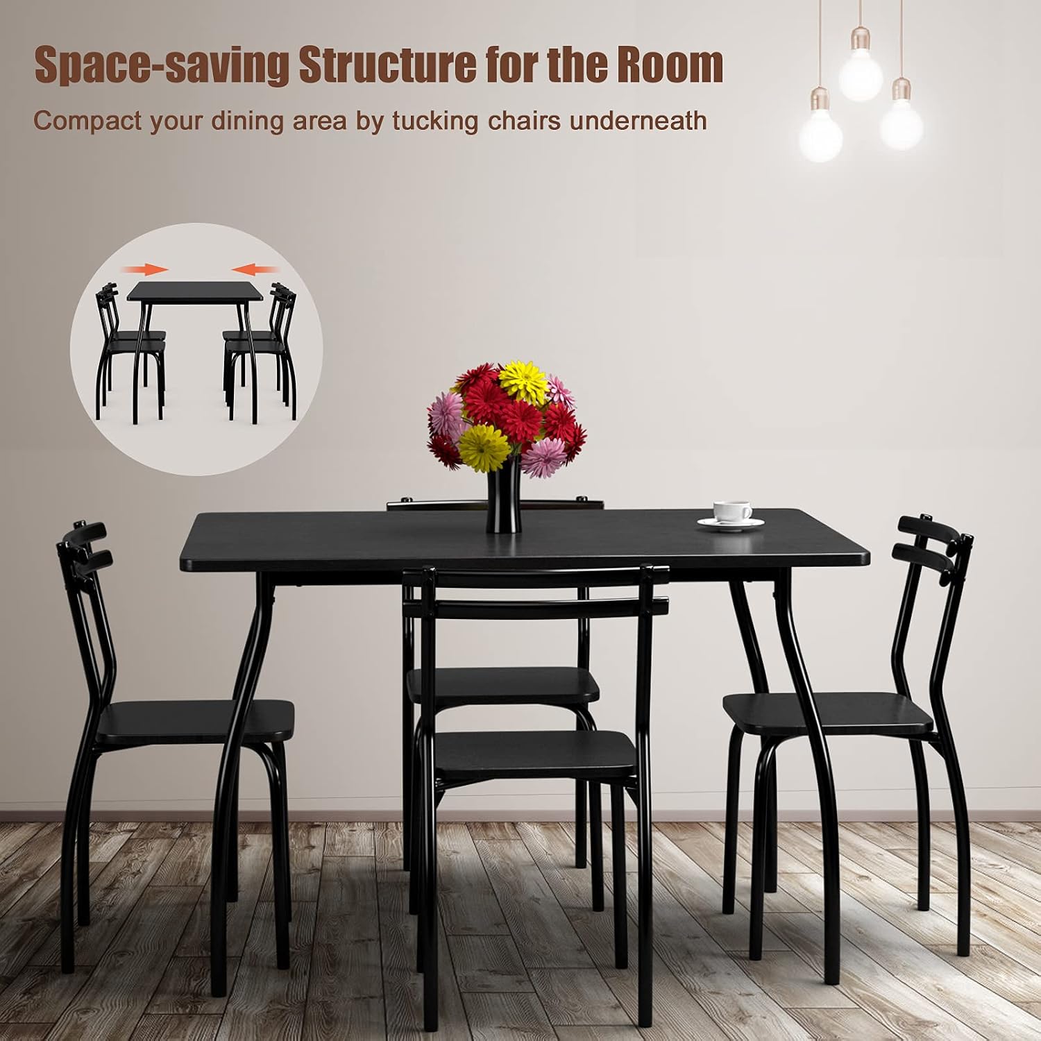 COSTWAY 5-Piece Dining Set Table and 4 Chairs Home Kitchen Room Breakfast Furniture Black