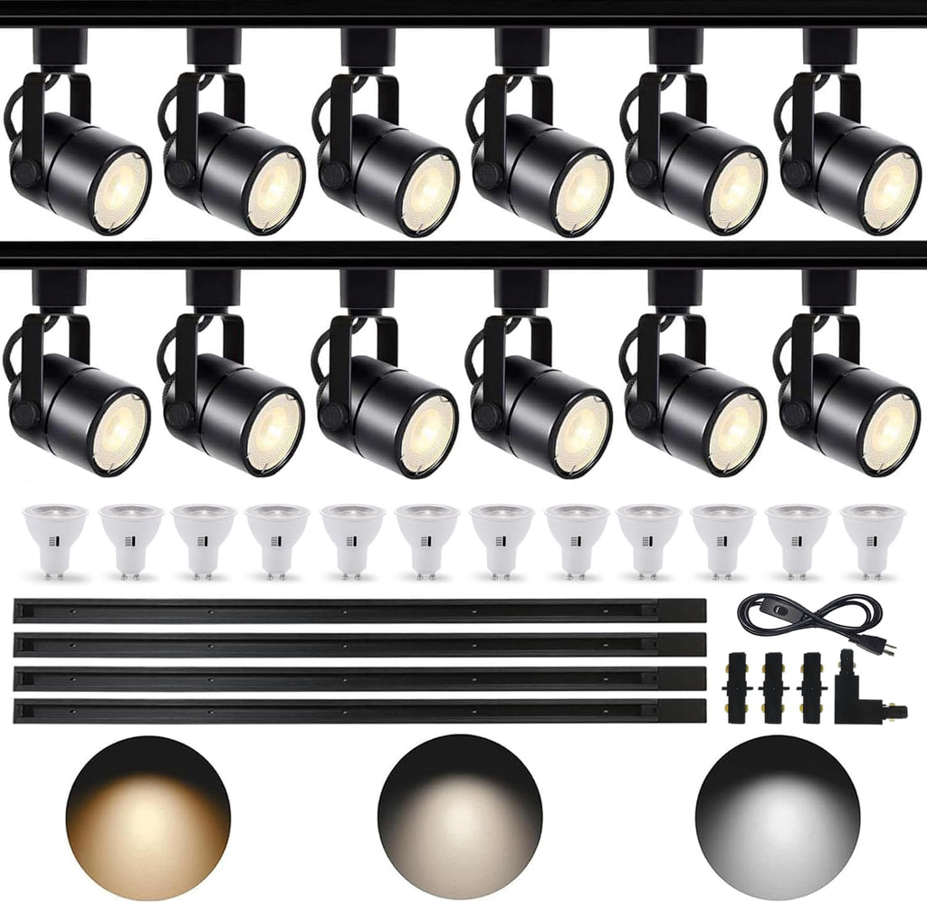 Black Dimmable LED Track Lighting Kit, 3CCT 10W Track Lighting Heads 3000K/4000K/6000K Adjustable with 13FT H-Type Track Light Rails 12PCS Ceiling Spotlight Fixture Replaceable GU10 Bulbs