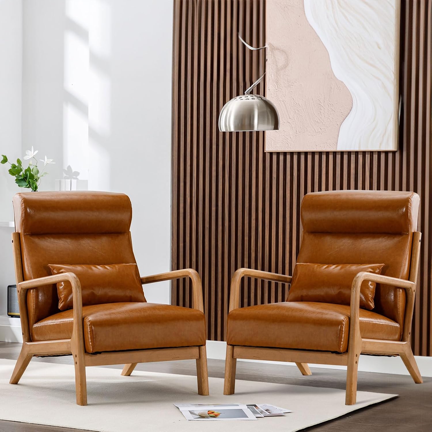 ANJ Mid Century Modern High Back Accent Chairs Set of 2, Single Lounge Armchair with Solid Wood Frame, Comfy Reading Chair for Living Room, Easy Assembly