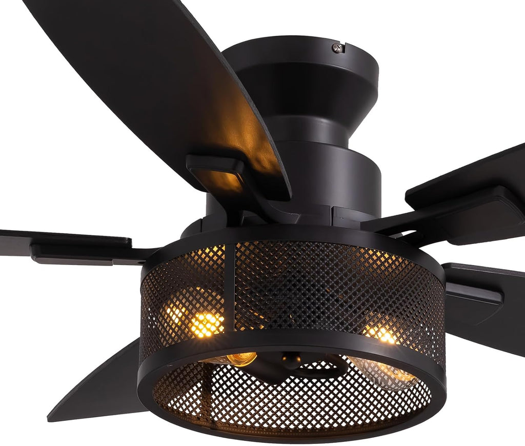 LuminFan Flush Mount Ceiling Fans with Lights and Remote Control, Low Profile Farmhouse Ceiling Fan with LED Lighting for Bedroom Living Room and Patio, Black Caged Ceiling Fan for Indoor and Outdoor