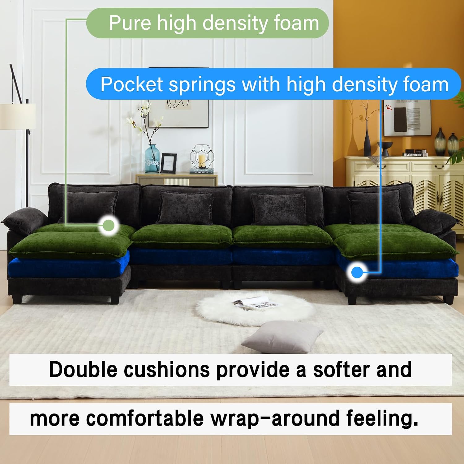 Oprisen 154' Modular Sectional Sofa, Comfy Cloud Couch Sectional Sofa with Ottoman, Chenille Sofa Sleeper Deep Seat Sofa with Throw Pillows for Living Room (Black, 154'- U Shape)