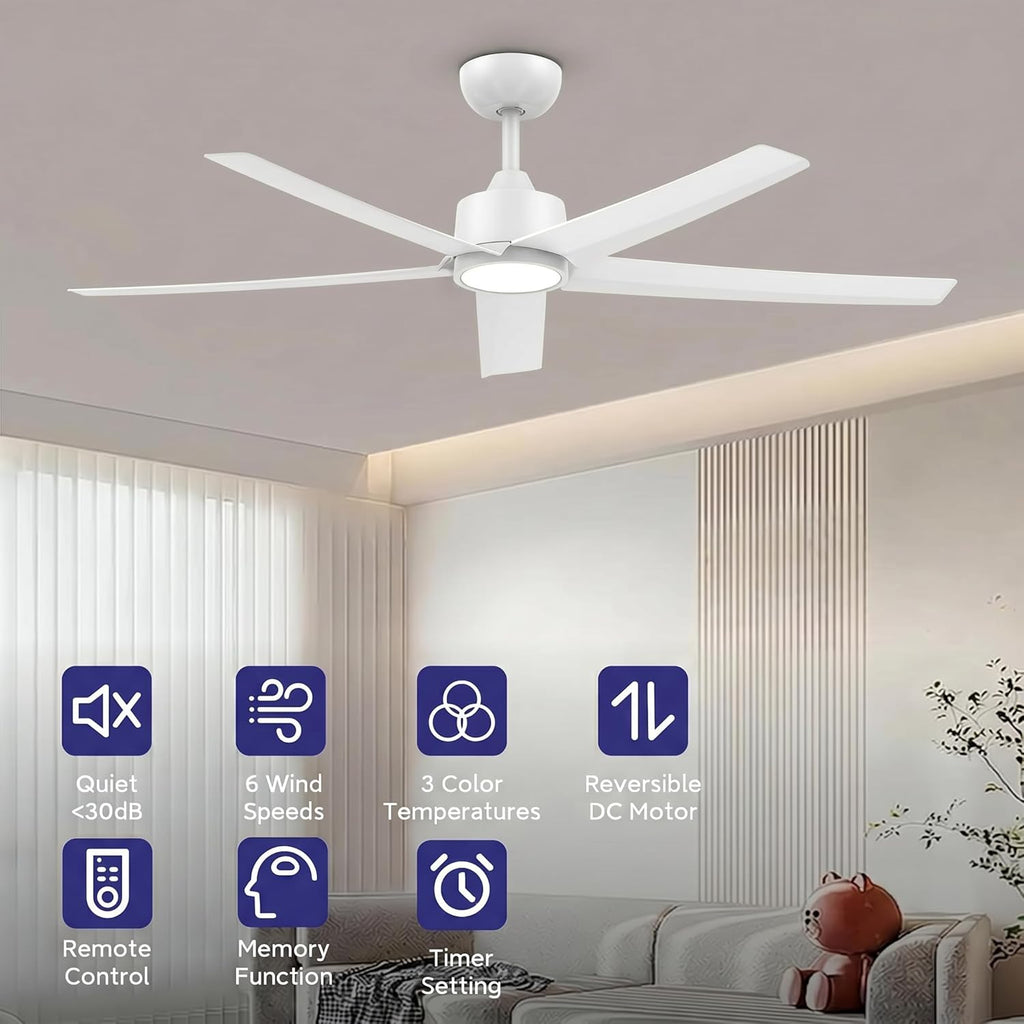 ocioc 2 Pack 52 inch Ceiling Fans with Lights and Remote Control, Ultra Quiet DC Motor, 3 Color Temperatures Modern Ceiling Fan for Bedroom Patio Indoor Covered Outdoor White