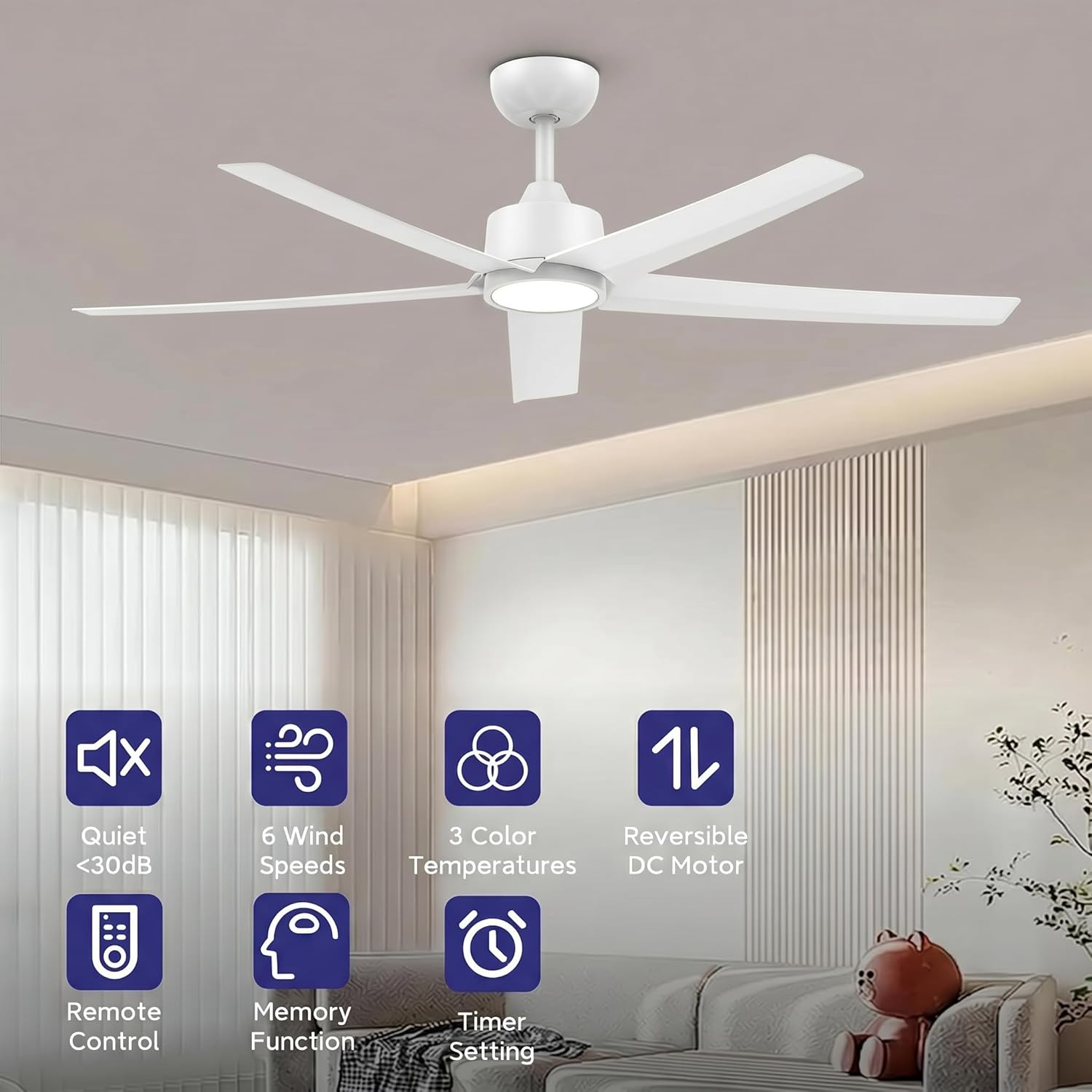 ocioc 2 Pack 52 inch Ceiling Fans with Lights and Remote Control, Ultra Quiet DC Motor, 3 Color Temperatures Modern Ceiling Fan for Bedroom Patio Indoor Covered Outdoor White