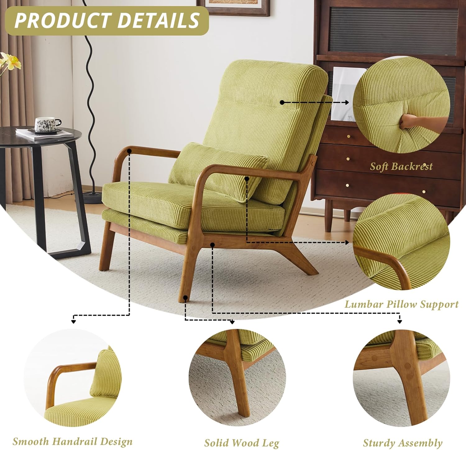 Karl home Mid-Century Modern Accent Chair, Living Room Chairs with Pillow High Back Corduroy Upholstered Lounge Armchair with Solid Wood Frame & Soft Cushion for Bedroom, Reading Room, Green