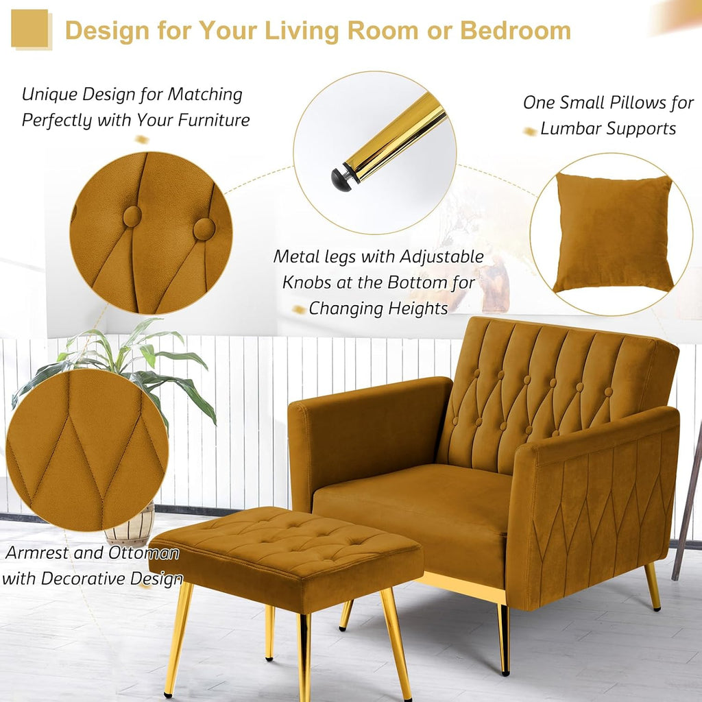 Velvet Accent Chair with Adjustable Armrests and Backrest, Button Tufted Lounge Chair, Single Recliner Armchair with Ottoman and Pillow for Living Room, Bedroom, Ginger