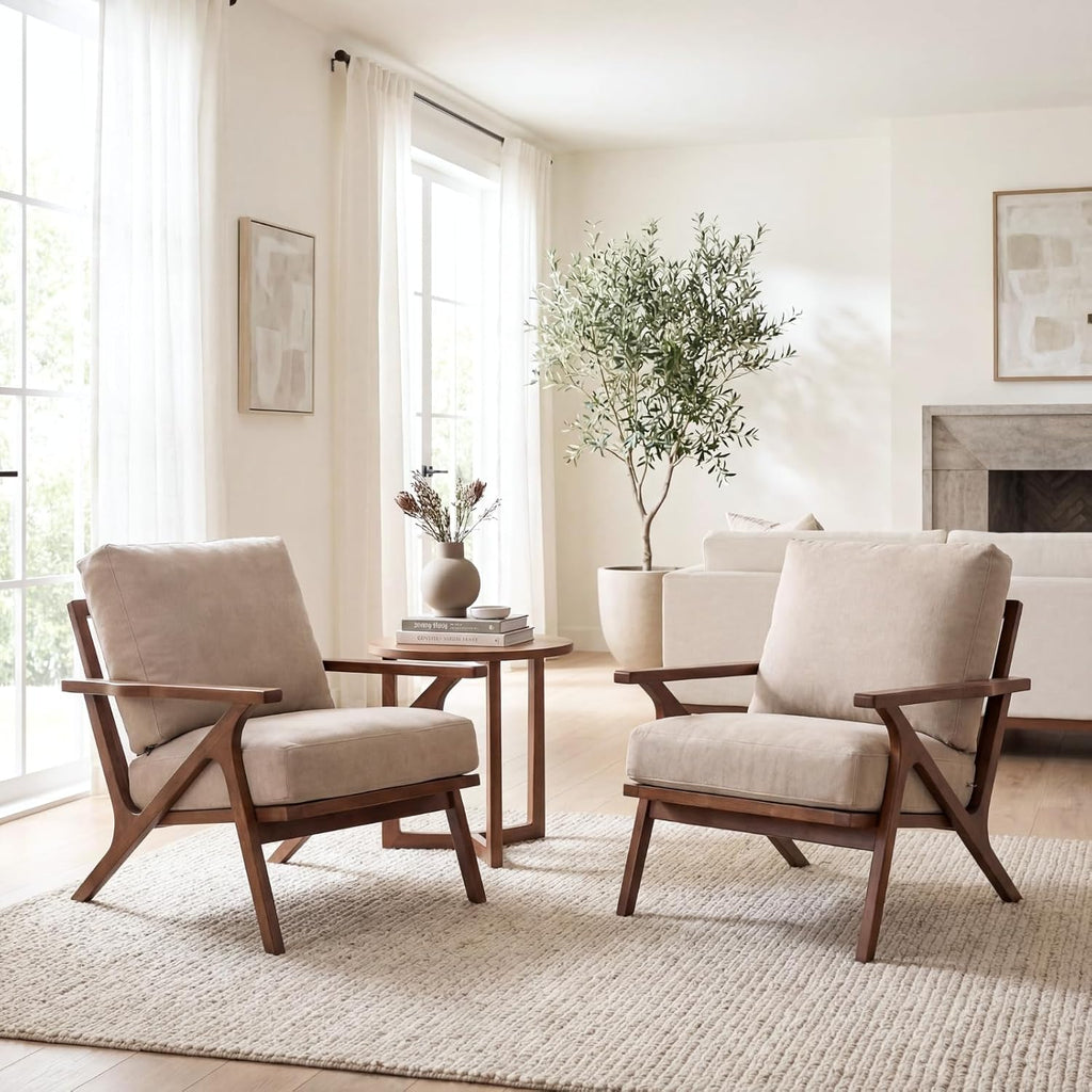chairus Mid-Century Modern Accent Chair, Comfy Upholstered Lounge Armchair with Removable Cushions & Solid Wood Frame, Reading Chair for Living Room Bedroom Office, Beige Denim Fabric