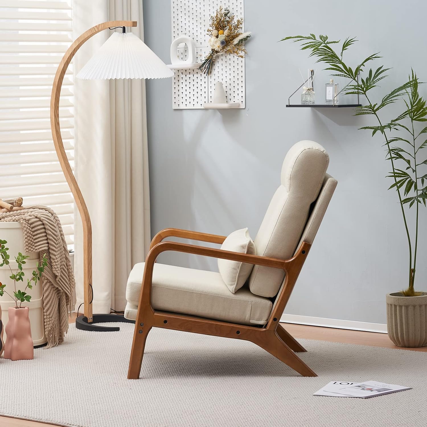 Karl home Accent Chair Mid-Century Modern Chair with Pillow High Back Line Fabric Upholstered Lounge Arm Chair with Solid Wood Frame & Soft Cushion for Living Room, Bedroom, Balcony, Beige