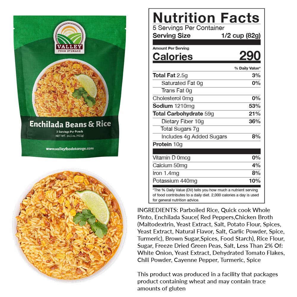 Valley Food Storage Enchilada Beans & Rice | 50 Servings Emergency Food Supply | Premium Survival Meals, 25 Year Shelf Life | Prepper Food, Camping & Off Grid Living Supplies (10 Bags + Bucket)