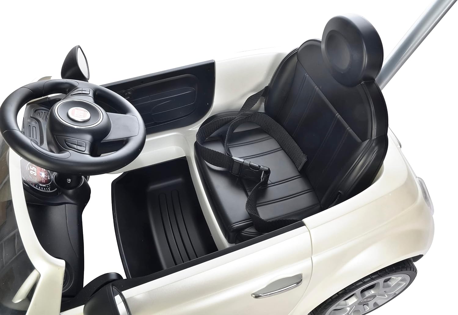 Best Ride On Cars Fiat 500 Push Car, with Stroller, Adjustable Footrest and Handle, Horn, Music, Stable Wheels, For Kids Aged 2-3 Years, 37 x 19 x 12 inches, Large, White