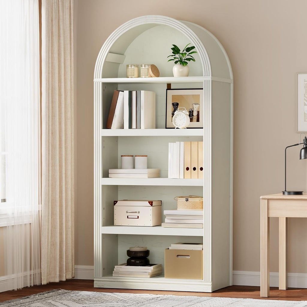 YITAHOME Vintage 68.5' Tall Arched Bookshelf, Tall Bookcase 5 Tiers Arched Bookcase with Storage, White Bookshelf Display Storage Rack with Adjustable Shelves for Living Room, Office, Antique White