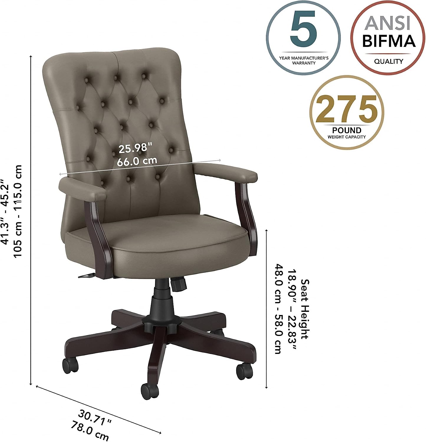 Bush Home Mayfield High Back Tufted Office Chair with Arms in Washed Gray Leather