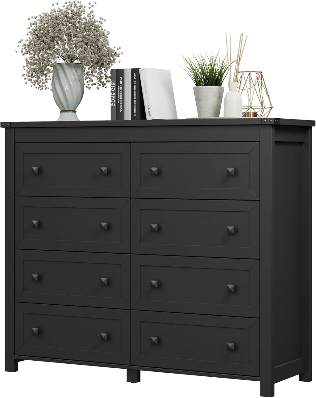 Dresser for Bedroom with 8 Drawers, Farmhouse Wood Chest of Drawers, Wide TV Stand Closet Storage Furniture with Metal Handle, Modern Clothes Organizer for Hallway, Living Room, Entryway, Black