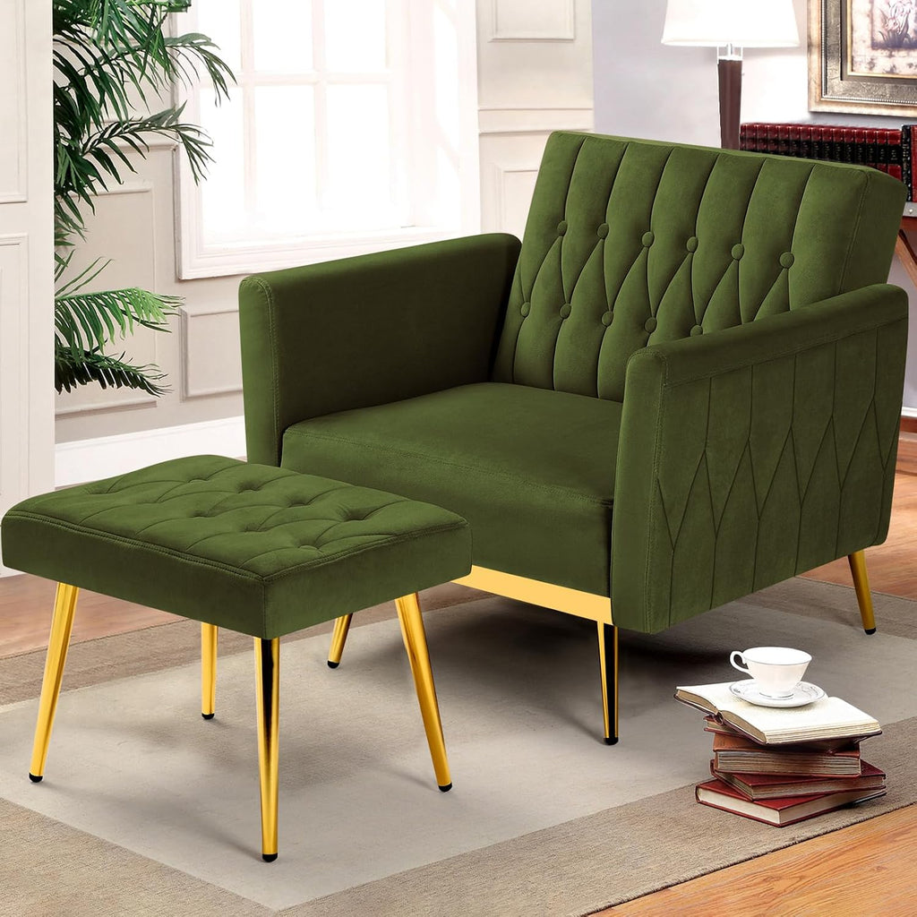 Velvet Accent Chair w/Adjustable Armrests and Backrest, Button Tufted Lounge Chair, Single Recliner Armchair with Ottoman and a Pillow for Living Room, Bedroom,Olive Green
