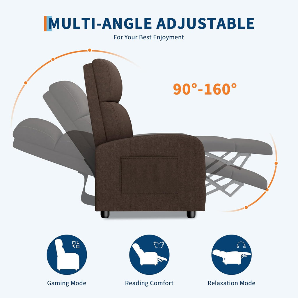 GarveeHome Linen Fabric Manual Recliner Chair, with Side Pocket, High Backrest, Thick Cushion, Adjustable Push Back Recliner, Lazy Lounge Chair for Living Room, Home Theater, Bedroom, Brown