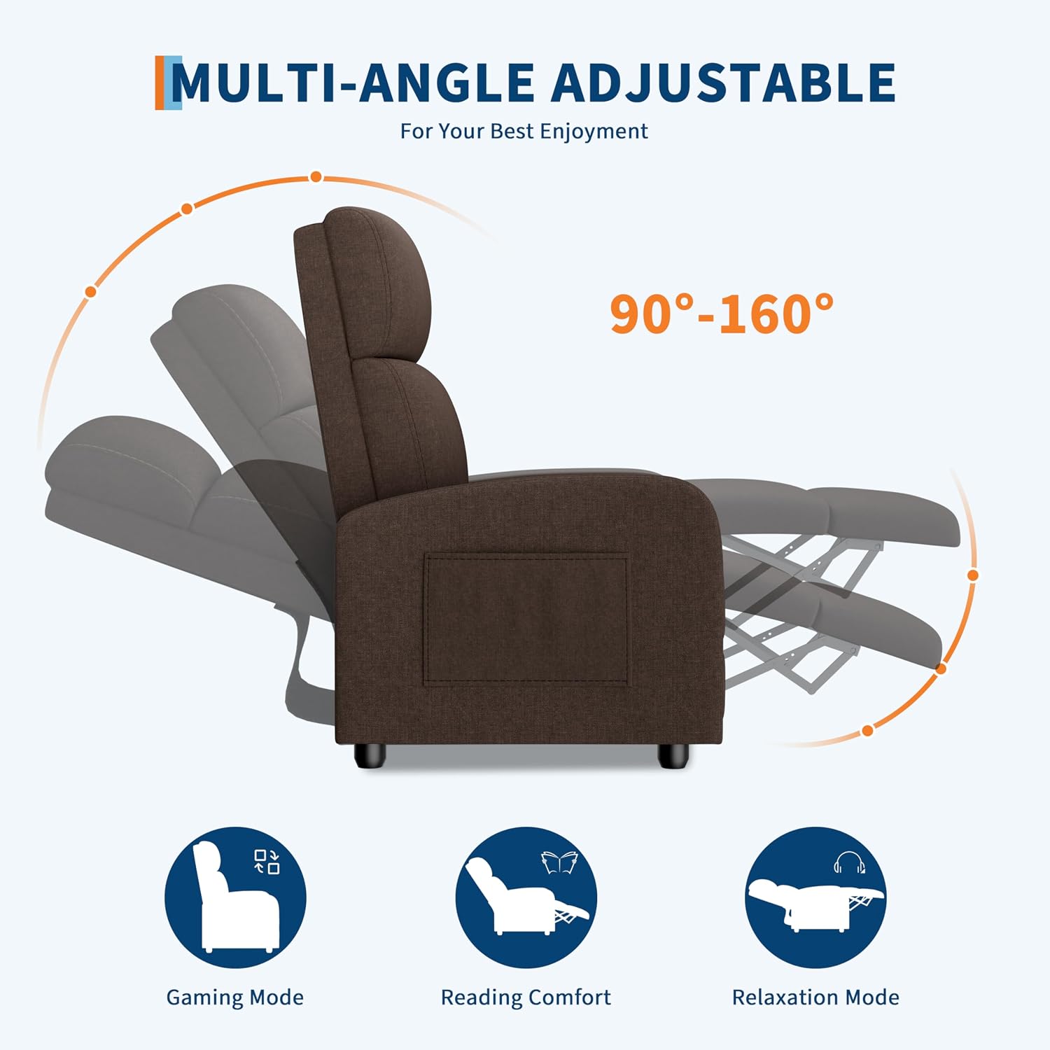 GarveeHome Linen Fabric Manual Recliner Chair, with Side Pocket, High Backrest, Thick Cushion, Adjustable Push Back Recliner, Lazy Lounge Chair for Living Room, Home Theater, Bedroom, Brown