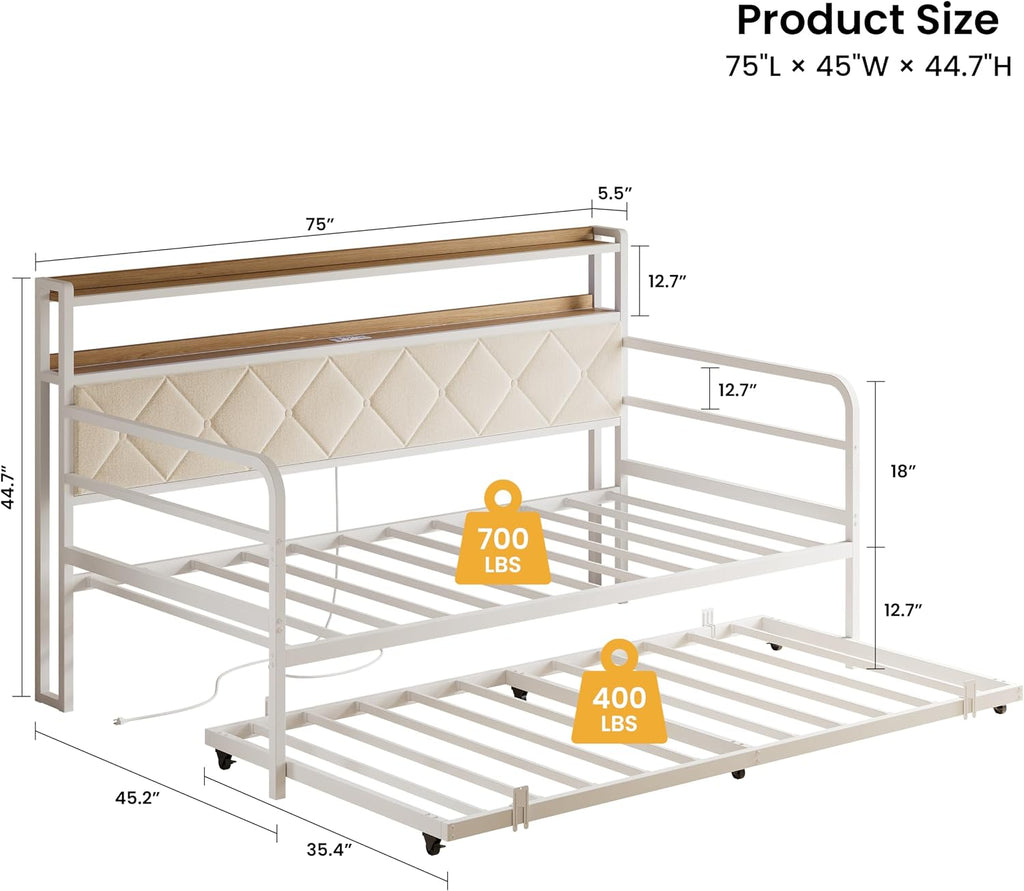 LIKIMIO Twin Daybed with Trundle, 700lbs Capacity, LED Lights & Charging Station, Twin Bed Frame with Storage, Convertible Sofa Bed for Bedroom, Living Room, White