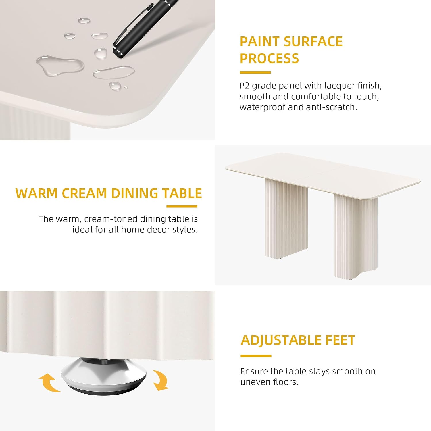 DWVO 63'' Dining Table for 4-6 People Modern Rectangular Kitchen Table with Solid Wave Curved Legs Large Cream White for Dining Room Kitchen Home Office Apartment Office White
