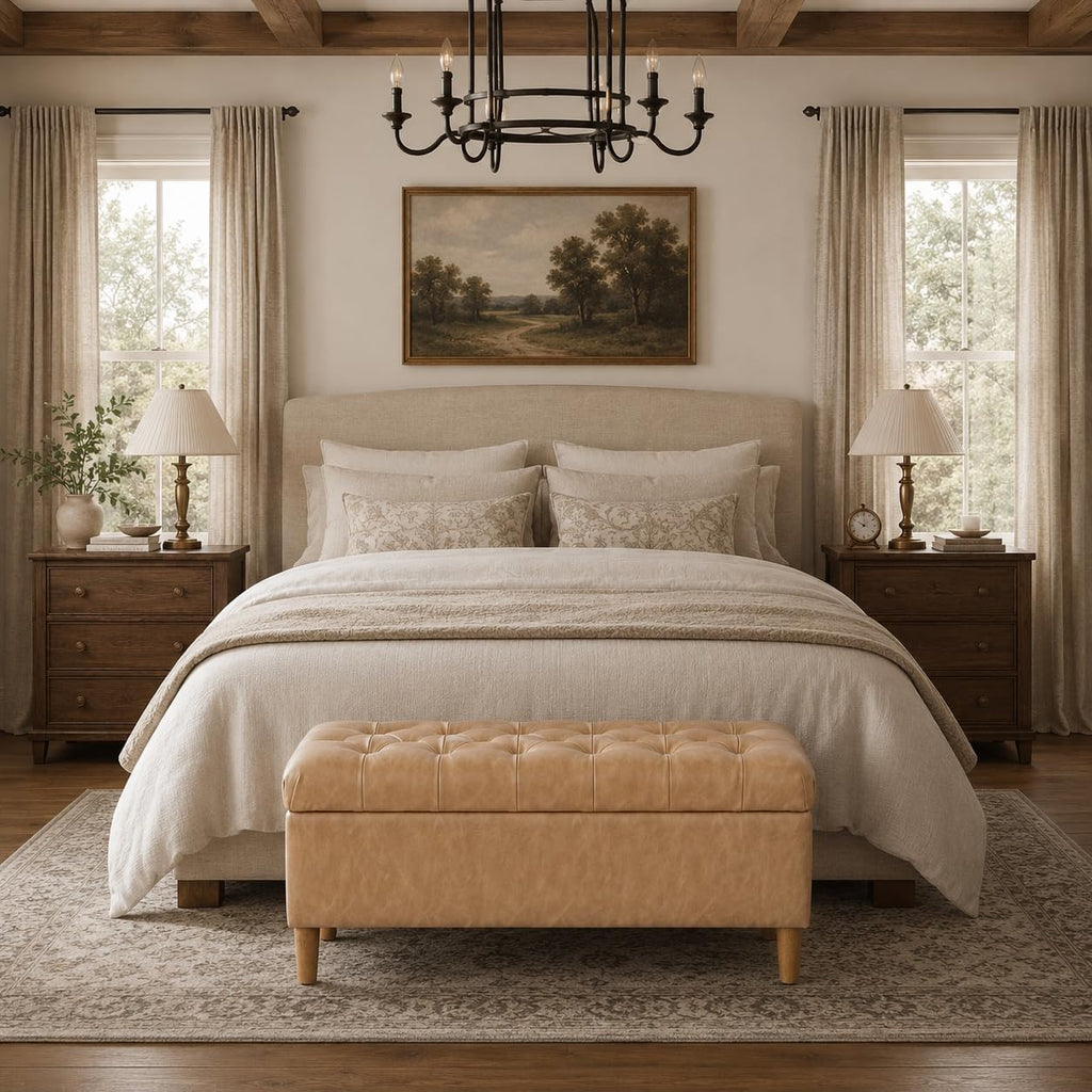 HomePop 40' Button Tufted Storage Bench with Cone Wood Legs - Sand Faux Leather
