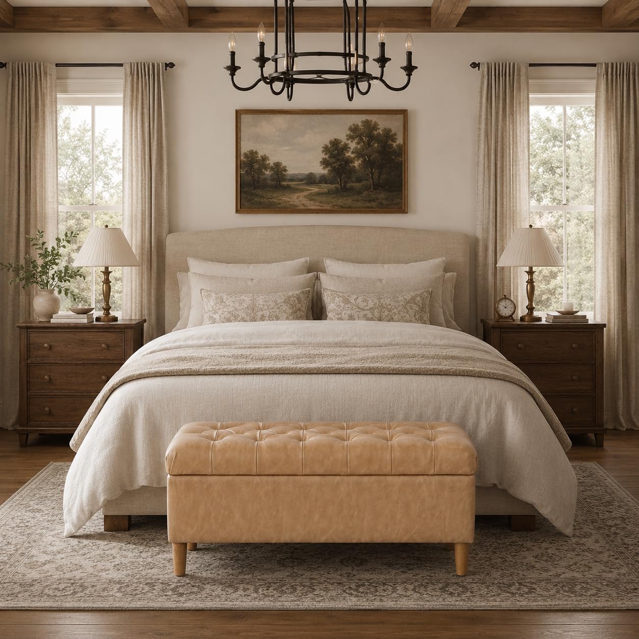 HomePop 40' Button Tufted Storage Bench with Cone Wood Legs - Sand Faux Leather